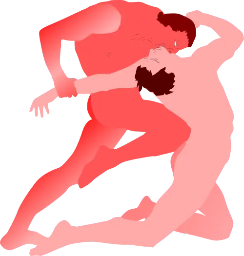 Man biting the neck of another man